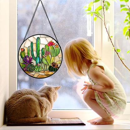 DASTOLL Stained Glass Window Hanging, White Green Cactus Suncatcher Diamond Glass Panel Hangings Sun Catchers Decor for Birthday for Women, Men, Wife, Aunt, and Mom 9.8 in