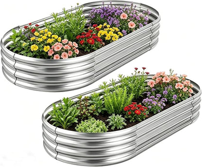 AHEONLAR 2 Pack 4x2x1ft Galvanized Raised Garden Bed Kit, Oval Large Metal Planter Box, Sturdy and Durable, Garden Boxes Outdoor Raised for Vegetables, Fruits, Flowers and Herbs(Silver)