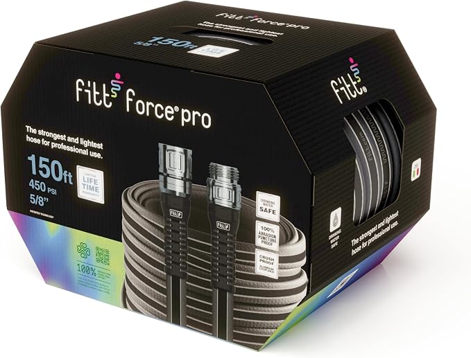 FITT Force Pro Water Hose, Lightweight Ultra Flexible Durable Kink-Free Heavy-Duty Commercial Grade Flat Garden Hose, Grey and Blue, 150-Feet x 5/8-Inch