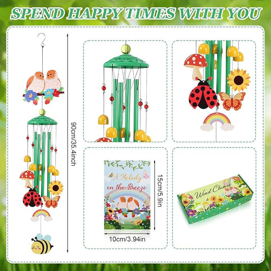 Bird Wind Chimes for Outside Colorful Metal Garden Decor with Rainbow Bee Butterfly Ladybug Sunflower Outdoor Hanging Wind Chime for Patio Porch Yard Art Gift