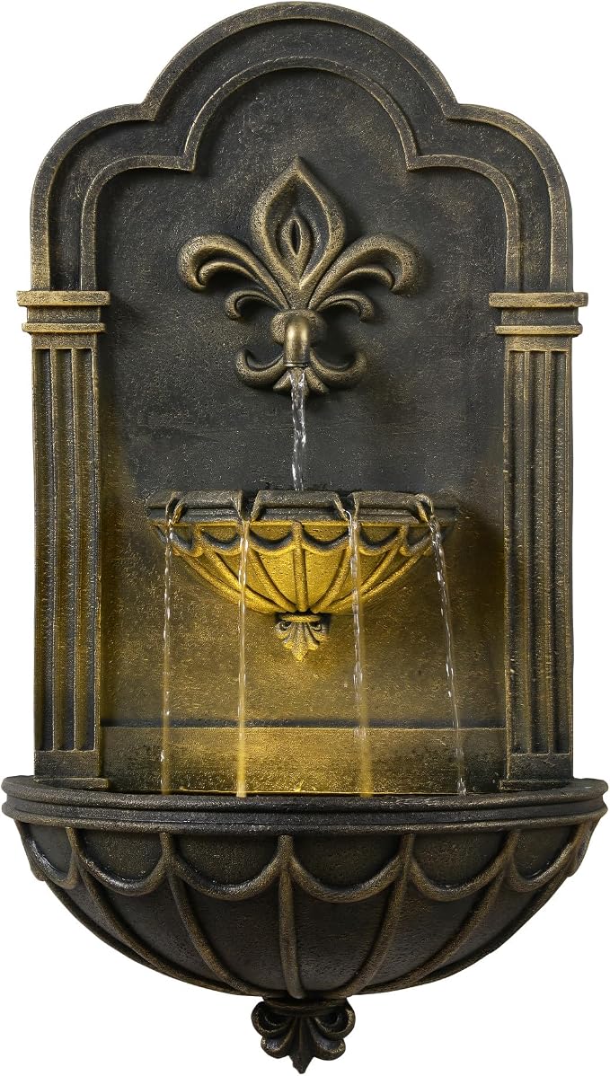 Teamson Home Fleur-de-lis Outdoor Water Fountain, Black & Gold | Warm Glow Lighting, Adjustable Flow, Electric Pump