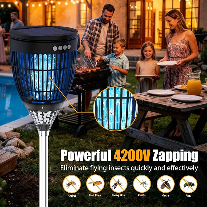 Rossetta Solar Bug Zapper Outdoor, Fly Zapper with Flame & Projector Light | 4200V Shock Grid, Solar & USB Charging, IPX5 Waterproof, Auto Mode, Cordless Electric Mosquito Killer for Patio, Garden