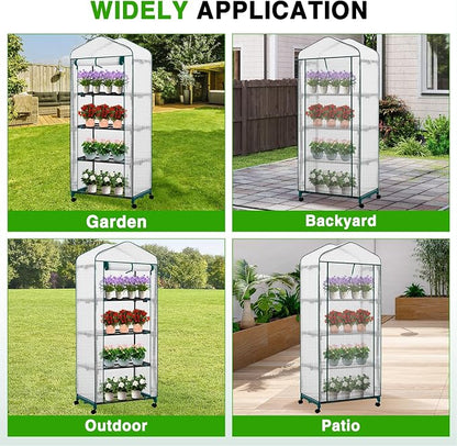 Yesker Mini Greenhouse 27"x20"x63" Portable Indoor / Outdoor Small Green House with 4 Tier 4 Shelves Wheels Thicken PE Cover Compact Greenhouses Kit for Winter Gardening Balcony Patio Backyard, White