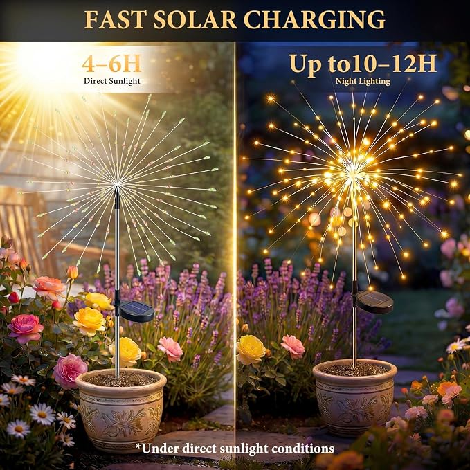 Solar Firework Lights, 10 Pack 120 LEDs 8 Lighting Modes Solar Fairy Garden Lights Outdoor Waterproof for Yard Patio Walkway Pathway Party Wedding Balcony Decorative- Warm White
