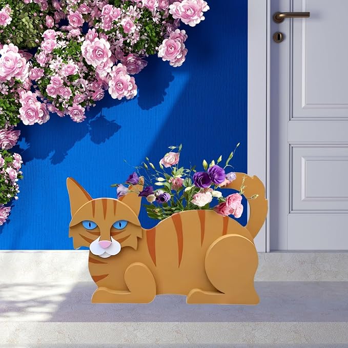 Orange Cat Planter Pots, 12.5 x 5.12 x 7.8 Inches | Cat Flower Pot, Cute Animal Shaped Plant Pot, Gifts for Women & Pet Lovers, Indoor Outdoor Garden Home Office Decor