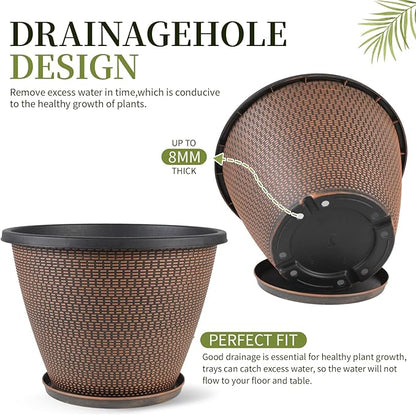 4 Pack 10 inch Plant Pot for Outdoor Indoor, Plastic Flower Pots with Drainage Holes & Saucers, Lightweight Large Outdoor Planter Pot, Imitation Knit Pots for Garden House Planters (Black Copper)