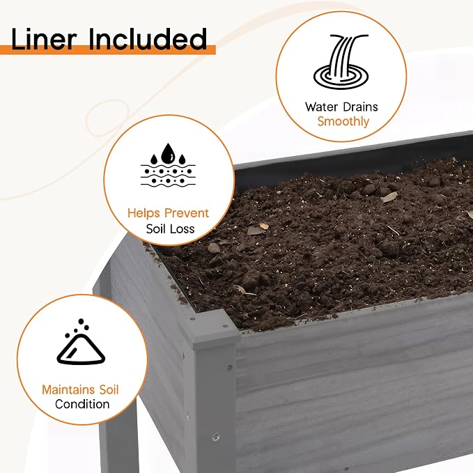 SPECRAFT 48 x 24 x 30 Inches Raised Garden Bed with Legs, 5 Cu Ft Wooden Planter Box with Drainage Holes & Liner, Outdoor Raised Garden Beds for Patio Backyard Gardening, Gray