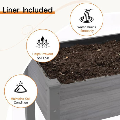 SPECRAFT 48 x 24 x 30 Inches Raised Garden Bed with Legs, 5 Cu Ft Wooden Planter Box with Drainage Holes & Liner, Outdoor Raised Garden Beds for Patio Backyard Gardening, Gray