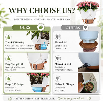 10 Inch Self Watering Hanging Planters, 2 Pack, Visible Water Window | Drainage Holes, Cotton-wick Reservoir, Metal Chain & Macrame Plant Hangers for Indoor & Outdoor Plants