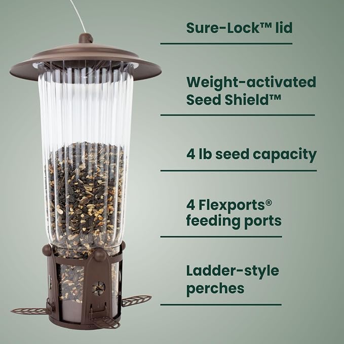 Perky-Pet Squirrel-Be-Gone Max Bird Feeder, (4) Flexport Feeding Stations | Squirrel-Proof Metal Hanging Feeder for Outdoors, Weight-Activated Ladder-Style Perches, 4lb Seed Capacity, 334-1SR