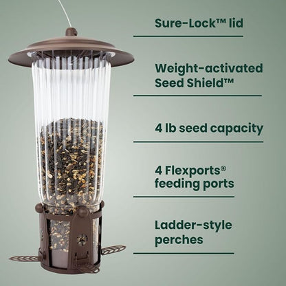 Perky-Pet Squirrel-Be-Gone Max Bird Feeder, (4) Flexport Feeding Stations | Squirrel-Proof Metal Hanging Feeder for Outdoors, Weight-Activated Ladder-Style Perches, 4lb Seed Capacity, 334-1SR