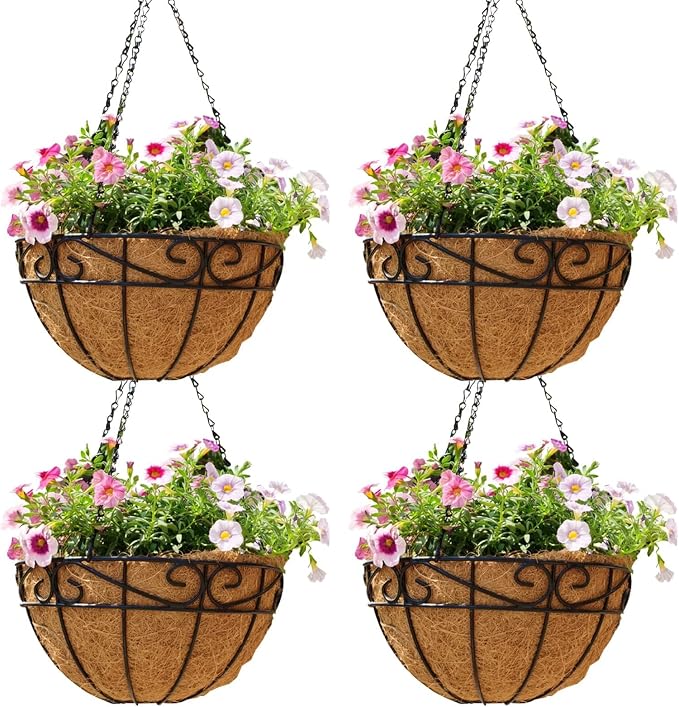 EIMQUVW Outdoor Metal Hanging Planters Basket (4pack, 14 inch) Hanging Baskets for Plants Chain Round Wire Plant Holder with Coco Fiber Liners for Garden, Patio, Deck, Porch(Flower Border)