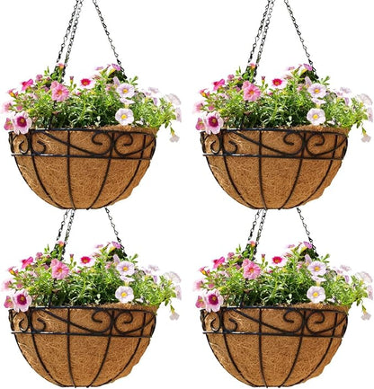 EIMQUVW Outdoor Metal Hanging Planters Basket (4pack, 14 inch) Hanging Baskets for Plants Chain Round Wire Plant Holder with Coco Fiber Liners for Garden, Patio, Deck, Porch(Flower Border)