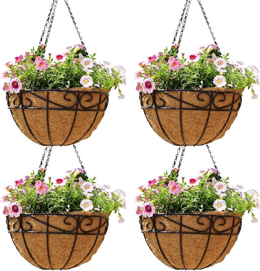 EIMQUVW Outdoor Metal Hanging Planters Basket (4pack, 10 inch) Hanging Baskets for Plants Chain Round Wire Plant Holder with Coco Fiber Liners for Garden, Patio, Deck, Porch(Flower Border)