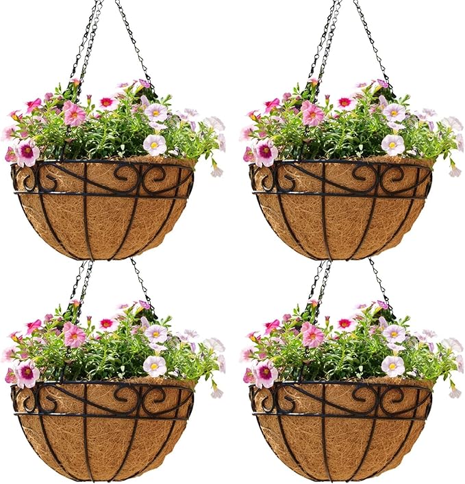 EIMQUVW Outdoor Metal Hanging Planters Basket (4pack, 12 inch) Hanging Baskets for Plants Chain Round Wire Plant Holder with Coco Fiber Liners for Garden, Patio, Deck, Porch(Flower Border)