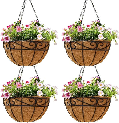 EIMQUVW Outdoor Metal Hanging Planters Basket (4pack, 12 inch) Hanging Baskets for Plants Chain Round Wire Plant Holder with Coco Fiber Liners for Garden, Patio, Deck, Porch(Flower Border)