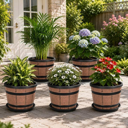 10 Inch Whiskey Barrel Planters with Drainage Holes & Saucer, 5 Pack Plastic Plant Pots with Wine Barrel Design, Flower Pots for Indoor Outdoor Balcony