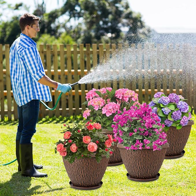 Nooulap 16 Inch Large Outdoor Plant Pot, 4 Pack Thickened Flower Pots with Drainage Holes & Saucer, Pebbles Pattern Design Tree Planters Outdoor for Garden Porch Home