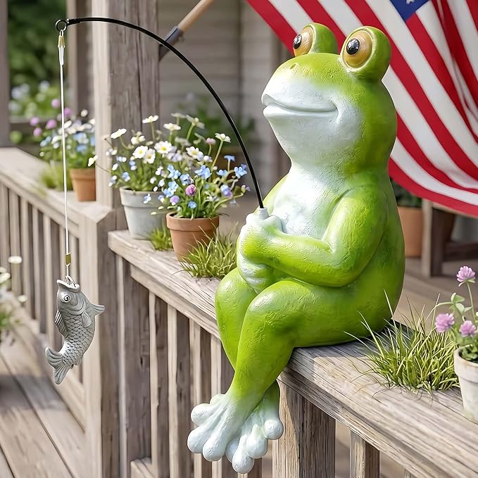 9.5" Frog Fishing Garden Sculptures & Statues, Stone Look Sculpture, Whimsical Lawn Yard Art, Funny Pond Fisherman Statue, Resin Animal Decorative Figurine, for Frog Fishing Lovers