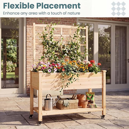 HAPPYGRILL Wooden Raised Garden Bed with Trellis, 65'' Elevated Planter Box w/Legs on Wheels, Liner & Drainage Holes for Climbing Plant Vegetable Flower, Outdoor Garden Box for Backyard Balcony (2)