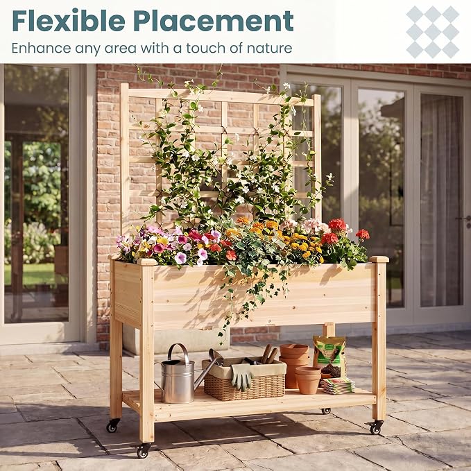 HAPPYGRILL Wooden Raised Garden Bed with Trellis, 65'' Elevated Planter Box w/Legs on Wheels, Liner & Drainage Holes for Climbing Plant Vegetable Flower, Outdoor Garden Box for Backyard Balcony (1)