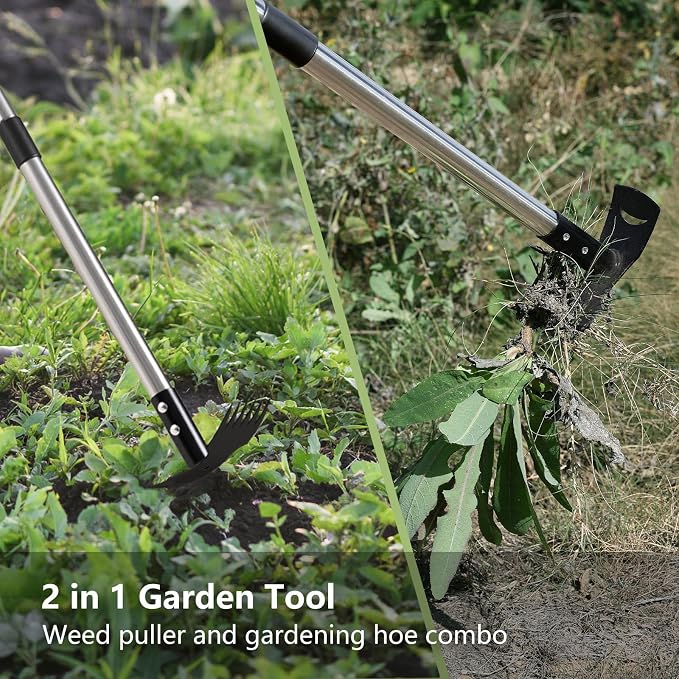 Mitclear Weed Remover Tool with Long Handle(58IN), 2-in-1 Hand Weed Puller with Rake & Garden Hoe Combo for Gardening, Manual Weeding Tools for Gardens, Yards, Patios, Lawns, and Paved Areas