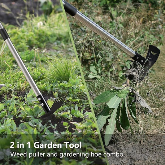 Mitclear Weed Remover Tool with Long Handle(58IN), 2-in-1 Hand Weed Puller with Rake & Garden Hoe Combo for Gardening, Manual Weeding Tools for Gardens, Yards, Patios, Lawns, and Paved Areas