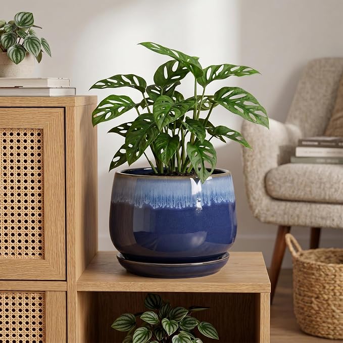 Ceramic Pots for Plants - 9 Inch Indoor Planter with Drainage Hole and Saucer, Decorative Plant Pots for Indoor Plants, Round Ceramic Flower Pot, Home Vanity Decor, Garden Gifts, Deep Blue