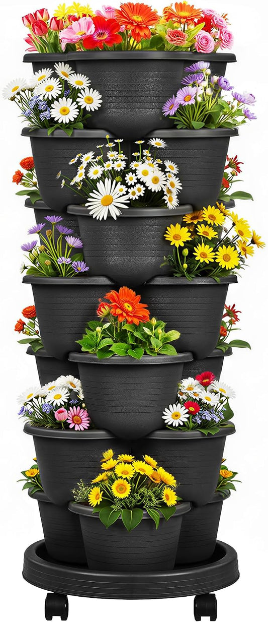 VECELO 7 Tier Vertical Garden Planter, Self Watering Stackable Planters with Wheels for Strawberries, Herbs, Flowers, Vegetables, Black