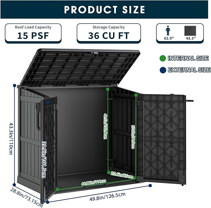LHBGO Outdoor Storage Shed 36 Cu. Ft. Resin Garden Horizontal Storage Large Capacity Weather Resistant Storage Box, Lockable Resin Waterproof Shed