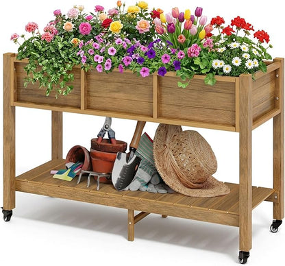 DWVO 47x18x31in Raised Garden Bed Outdoor HDPE with Legs and Lockable Wheels, Weather-Resistant Poly-Wood Elevated Planter Box, Herb Garden Bed for Backyard Patio Balcony, Brown