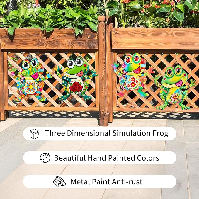 Junware Metal Frog Wall Decor, 4Pcs Frog Iron Wall Art Sculptures Art Frogs Wall Hanging Sculpture Decoration. Outdoor Fence Art for Home Garden, Fence, Patio, Yard, Bedroom Outside Gifts for Adults