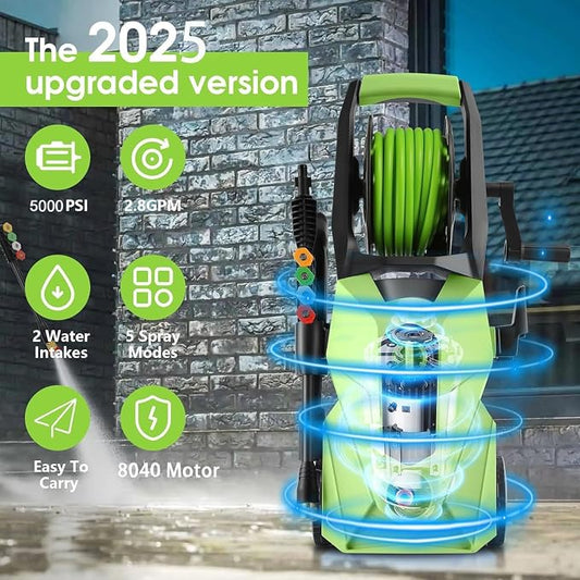 Electric Pressure Washer 5000 PSI,4GPM Power Washer with Foam Cannon,Portable Cleaner with 33ft Hose Reel,4 Nozzle Tips,and Soap Bottle for Cars/Home/Driveways/Patios/Decks/Fences (Green)