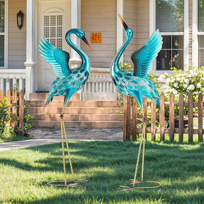 47.5" Metal Heron Garden Statue, Oversized Metal Crane Decor | Handcrafted Blue Heron with U-ground Stakes,Weatherproof Iron Bird Art for Backyard, Lawn, Patio