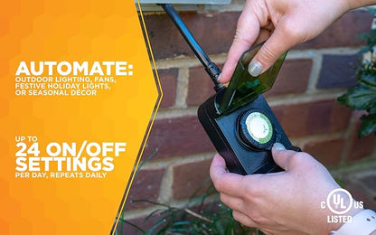 Woods 50011 Outdoor 24-Hour Plug-in Mechanical Timer with 2 Grounded Outlets; Energy Saving; Quick Tool Free; Weatherproof Housing; Programmable Settings; 6-Inch Cord; Black | (Pack of 6)