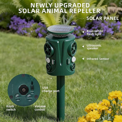 Solar Ultrasonic Animal Repeller Outdoor: 360° Motion Activated Animal Deterrent, Solar Powered Dog Cat Raccoon Deer Squirrel Repellent, Waterproof IP66 PIR Sensor for Yard Garden Farm
