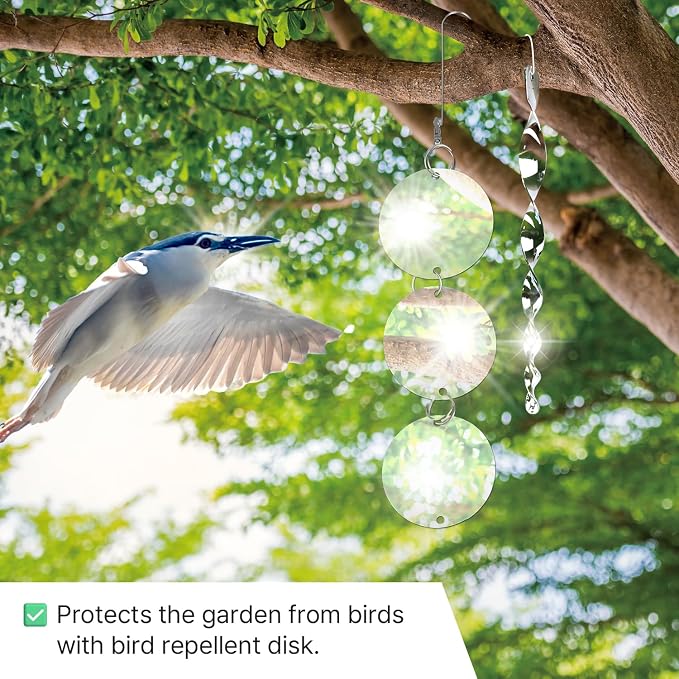 T TORTO9 Double-Sided Bird Reflectors Kit (12-Piece Set) – 6 Hanging Units (Each with 3 Reflective 3.9” Discs) + 6 Bird Scare Rods Designed to Discourage Bird Activity