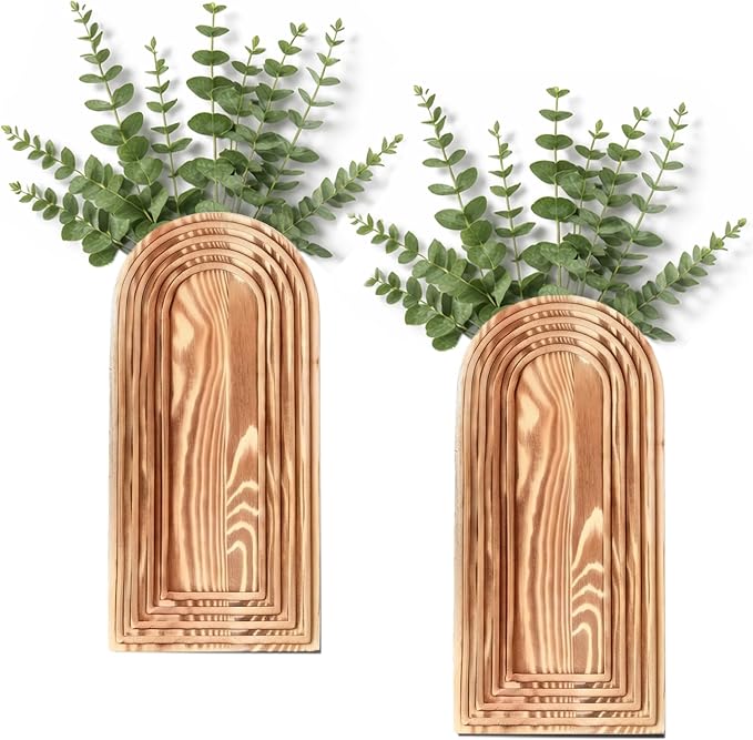 Wooden Wall Planter Vase Set of 2 - Natural Wood Wall Vases for Flowers & Decor - Wall Decor Farmhouse Walls Art for Hallway, Entryway, Bathroom, Living Room
