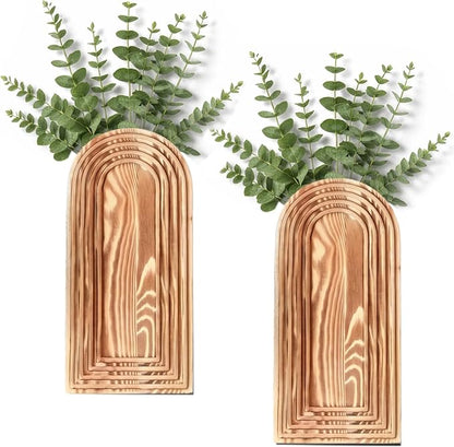 Wooden Wall Planter Vase Set of 2 - Natural Wood Wall Vases for Flowers & Decor - Wall Decor Farmhouse Walls Art for Hallway, Entryway, Bathroom, Living Room