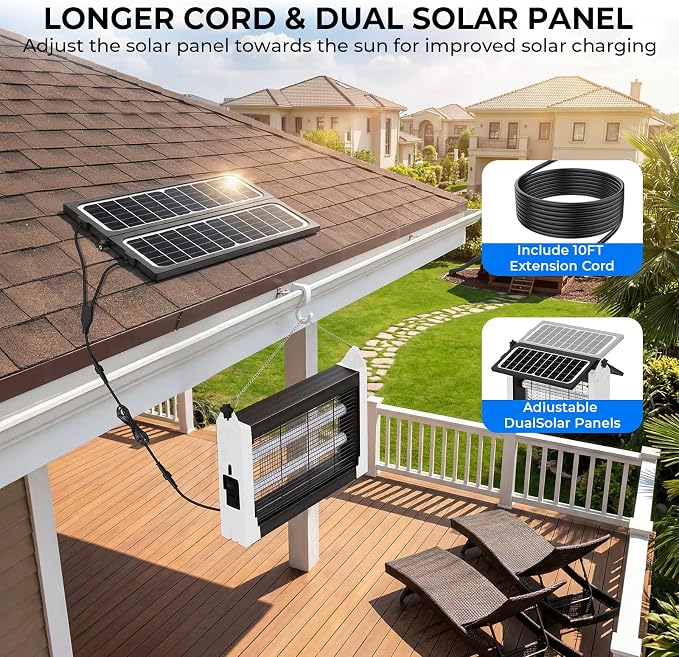 Upgraded Solar Bug Zapper Outdoor with Dual Panels, 4500V Cordless Rechargeable Fly Insect Killer Waterproof Electric Mosquitoes Zapper for Patio Garden Backyard RV Camping Pond