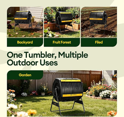 Maygrove Outdoor Compost Bin 53 Gallon, Dual Chamber Large Compost Tumbler for Garden Backyard, with 360° Rotating, Sliding Doors & Solid Steel Frame, Updated Instructions