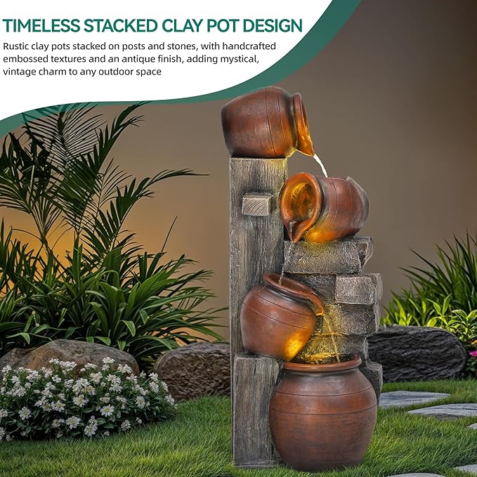 AUTODAYA 31.5" H Outdoor Water Fountain with LED Lights | Farmhouse Style Water Feature with Cascading Waterfall for Patio, Porch, or Yard