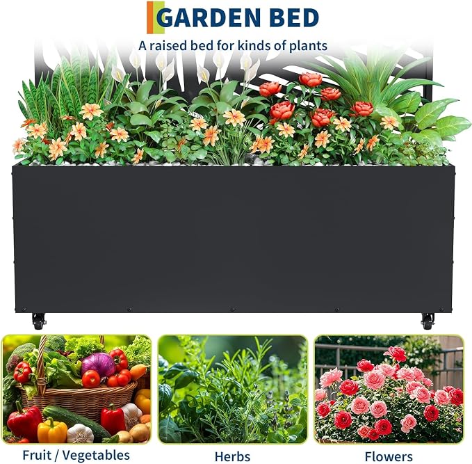 GarveeLife Metal Planter Box with Trellis and Wheels, 71"x47"x16" Raised Garden Bed for Climbing Plants, Vegetables, Vines, Privacy Planters for Patio with Drainage Holes, 15.7" Deep Planting Bed