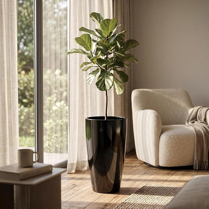 SUN-E Tall Planter for Outdoor Indoor Plants 2Pack, 21Inch Large Gloss Black Planter with Removable Insert Shelf High Glossy Piano Finish Ceramic-Look Tall Flower Pot for Office Lobby Minimalist Decor