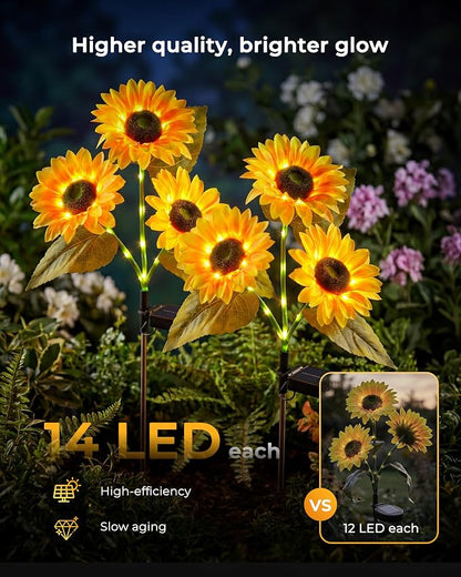 Brightown 3 Pack 3 Head Solar Sunflower Garden Stake Lights Waterproof | 9 glowing stem sunflowers, waterproof solar powered, auto on off decorative stakes for yard, patio, lawn outdoor decoration