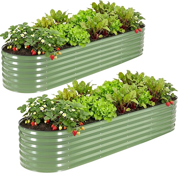 2 Pack Galvanized Raised Garden Bed 8x2 ft, 17" Tall Oval Metal Planter for Outdoors, 9 in 1 Modular Large Garden Bed Kits for Outdoor Vegetable Flowers - Olive Green