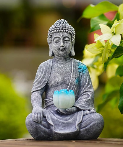 Nacome Solar Buddha Garden Statue Decor: Sitting Resin Figurine with Lotus Flower Light Zen Sculpture for Patio Lawn Yard Porch Balcony Meditation Space - 8.3 inches(Grey)