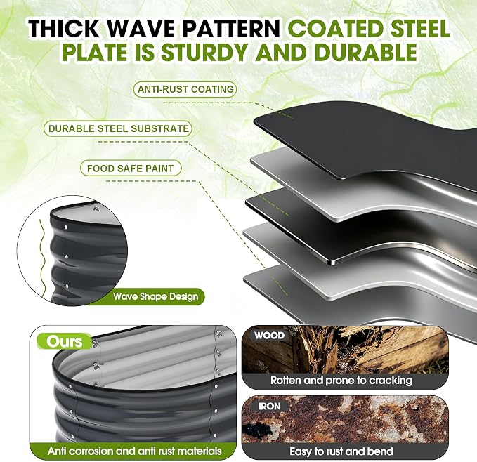 8x2x1.5ft Galvanized Raised Garden Bed Outdoor, 18'' Oval Large Metal Planter Garden Boxes for Gardening, Planting Deep Root Vegetables, Herbs, Fruits, Flower, Rustproof, Rubber Strip, Gray