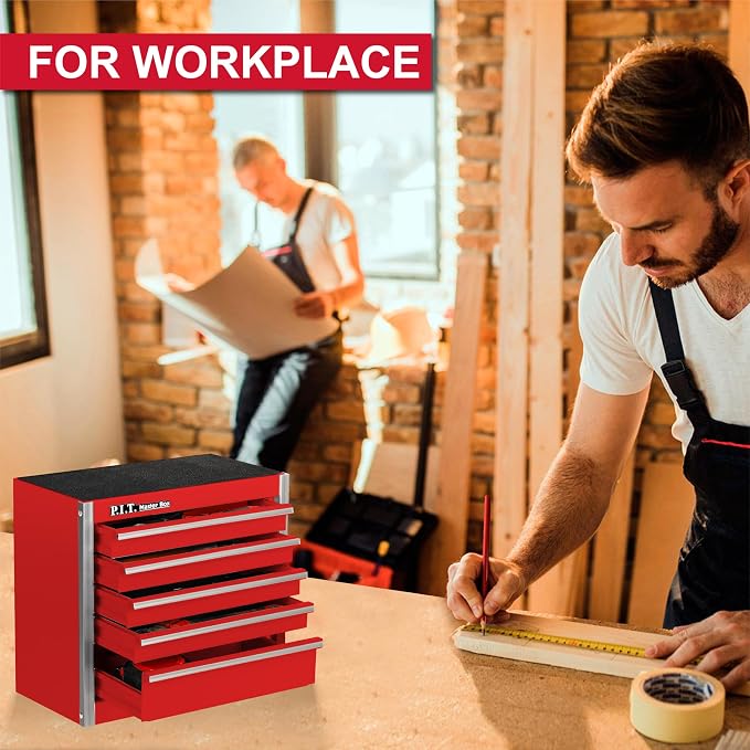 P.I.T. Mini Steel Tool Box,3 Drawer and 5 Drawer Stackable Toolbox with Magnetic Tab Locking,Red