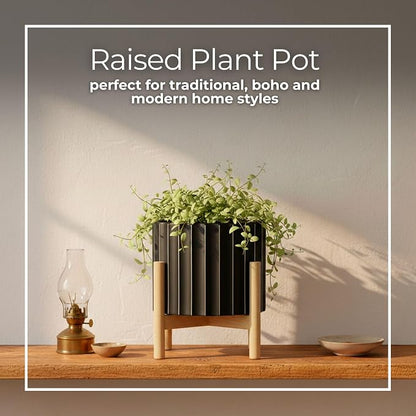 Ceramic Planter with Pine Wood Stand – Plant Pot – Durable Stoneware Planter for Indoor Outdoor Use – Modern Minimalist Plant Holder for Home Decor, Living Room, Garden, Balcony – 9", Black Fluted
